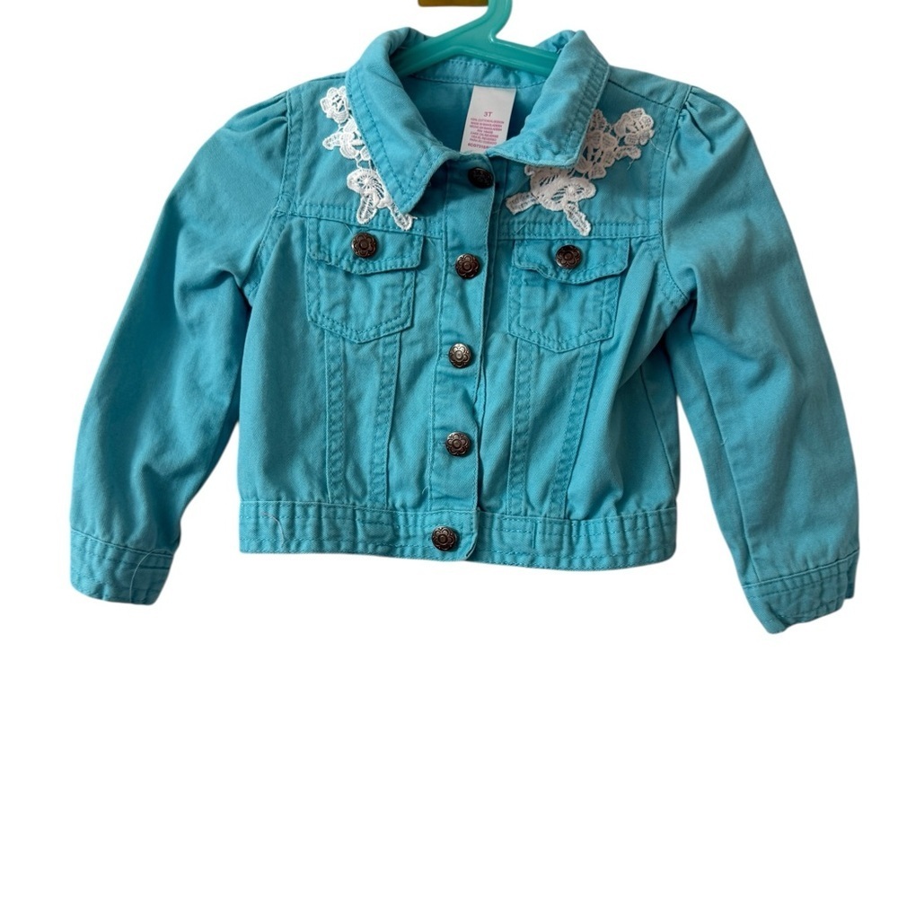 Kids Teal Denim Jacket with Lace Collar